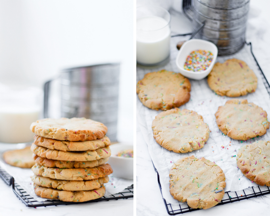 Tahini funfetti cookie pictures, stacked and on a rack