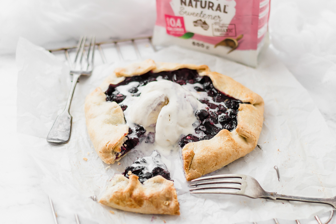 blueberry galette with vanilla ice cream made with Natvia