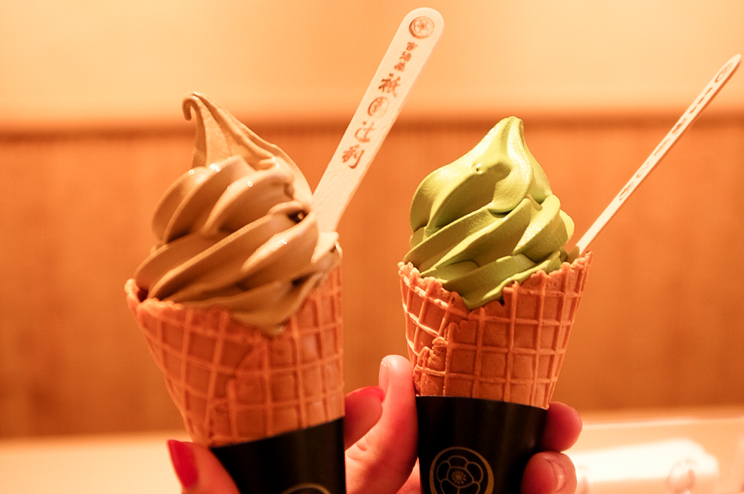 Matcha and Hochijo soft serve ice cream