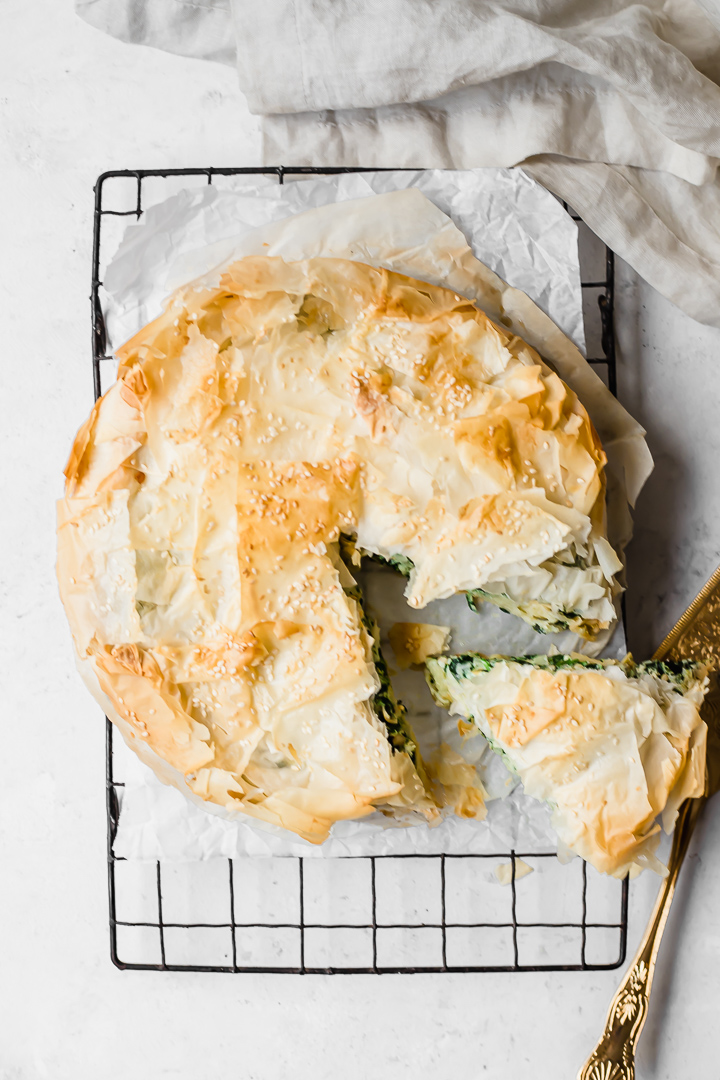 A birdseye view of spinach, artichoke and ricotta pie