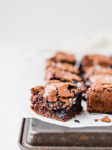Front on view chewy, gooey choc blueberry brownies