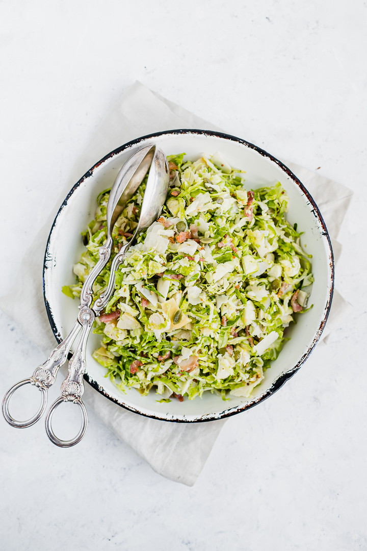 Top down view of Brussels sprout salad