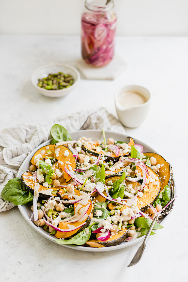 A plate of roasted pumpkin and chickpea salad