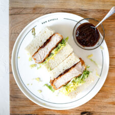 Top down photo of a crumbed pork katsu sandwich