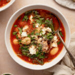 A bowl of gnocchi, italian sausage soup