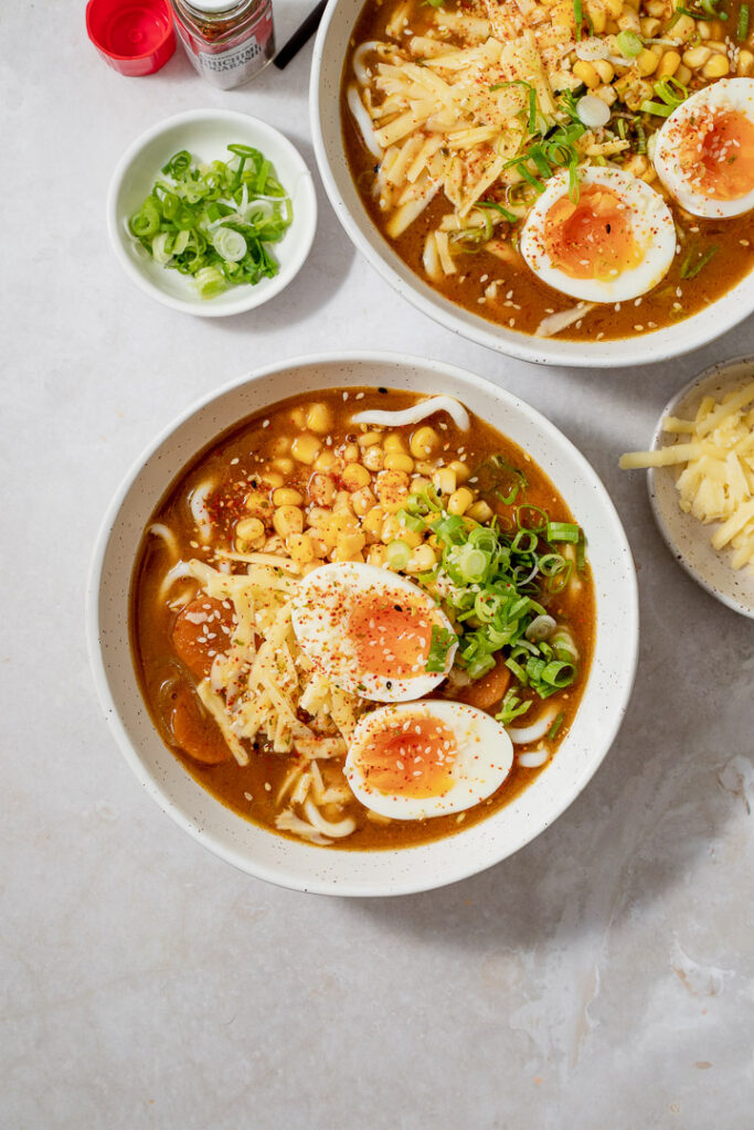 Creamy curry udon with soft boiled eggs