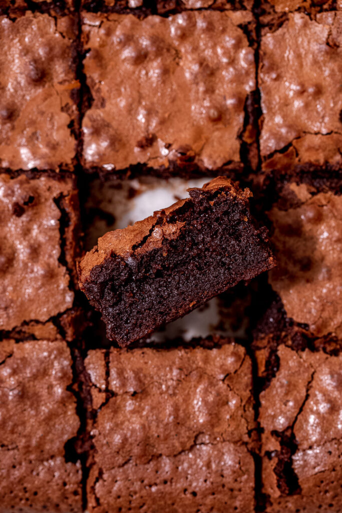 Close up top down shot of the inside of a chocolate brownie