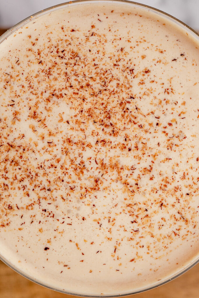 A close up, top down view of the Brandy Alexander cocktail 