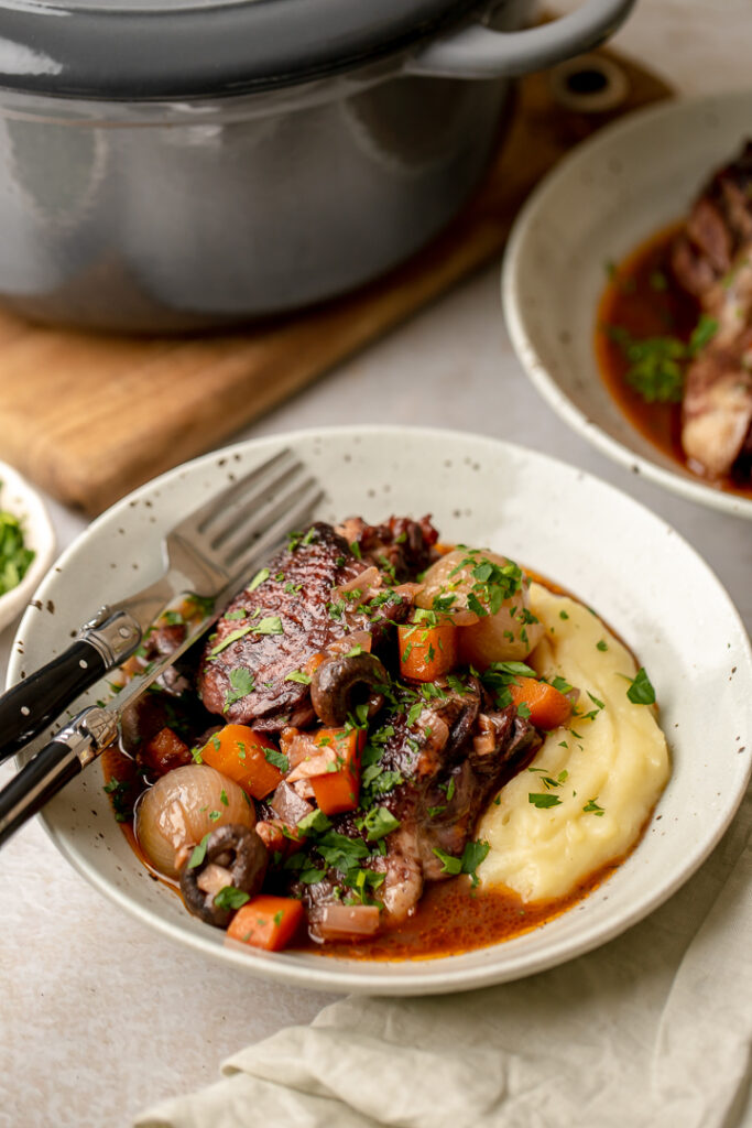 A bowl of coq au vin and mashed potatoes