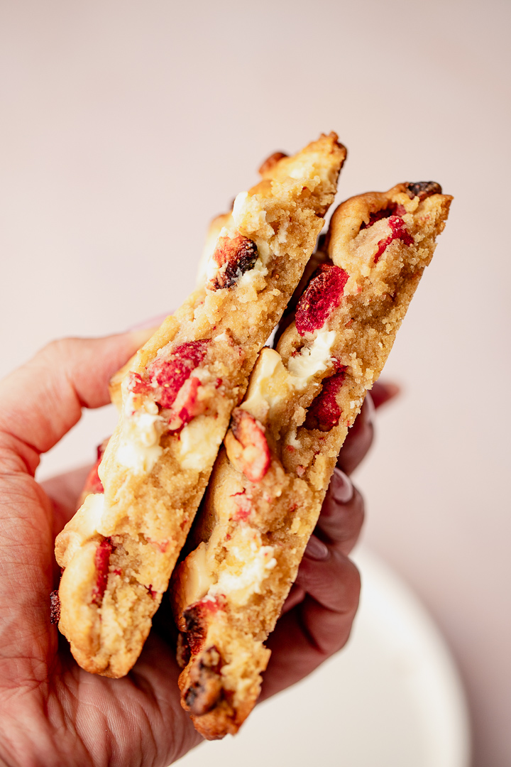 The cross section of a strawberry and white chocolate cookie for two